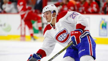 Dec 5, 2015; Raleigh, NC, USA; Montreal Canadiens forward Christian Thomas (20) watches the play against the Carolina Hurricanes at PNC Arena. The Carolina Hurricanes defeated the Montreal Canadiens 3-2. Mandatory Credit: James Guillory-USA TODAY Sports