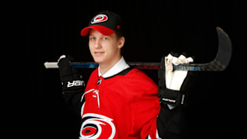 VANCOUVER, BRITISH COLUMBIA - JUNE 22: Patrik Puistola pose after being selected 73rd overall by the Carolina Hurricanes during the 2019 NHL Draft at Rogers Arena on June 22, 2019 in Vancouver, Canada. (Photo by Kevin Light/Getty Images)