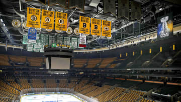 BOSTON - JUNE 11: Members of the TD Garden crew, bottom right, remove the goal at the end of a practice in preparation for Game 7 of the 2019 Stanley Cup Finals against the St. Louis Blues at TD Garden in Boston on June 11, 2019. (Photo by John Tlumacki/The Boston Globe via Getty Images)