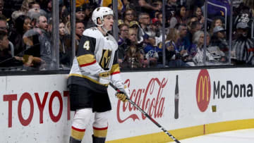 LOS ANGELES, CA - APRIL 6: Jimmy Schuldt #4 of the Vegas Golden Knights handles the puck during his NHL debut in the first period of the game against the Los Angeles Kings at STAPLES Center on April 6, 2019 in Los Angeles, California. (Photo by Adam Pantozzi/NHLI via Getty Images)