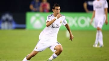 Aug 1, 2013; Glendale, AZ, USA; Real Madrid forward Angel Di Maria (22) against the Los Angeles Galaxy during a friendly match at the University of Phoenix Stadium. Real Madrid defeated the Galaxy 3-1. Mandatory Credit: Mark J. Rebilas-USA TODAY Sports