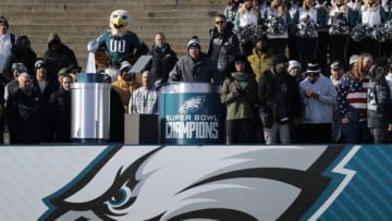 PHILADELPHIA, PA - FEBRUARY 08: Quarterback Nick Foles speaks at a ceremony honoring the Philadelphia Eagles Super Bowl win on February 8, 2018 in Philadelphia, Pennsylvania. (Photo by Aaron P. Bernstein/Getty Images)