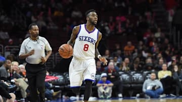 Nov 21, 2014; Philadelphia, PA, USA; Philadelphia 76ers guard Tony Wroten (8) moves the ball upcourt during the third quarter of the game against the Phoenix Suns at the Wells Fargo Center. The Phoenix Suns won the game 122-96. Mandatory Credit: John Geliebter-USA TODAY Sports