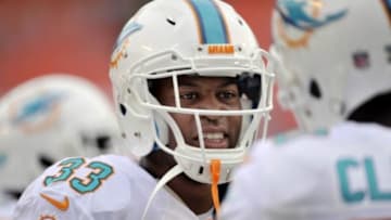 Dec 29, 2013; Miami Gardens, FL, USA; Miami Dolphins running back Daniel Thomas (33) prior to the game against the New York Jets at Sun Life Stadium. Mandatory Credit: Brad Barr-USA TODAY Sports