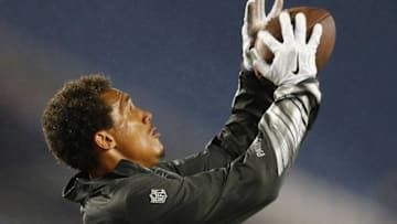 FOXBORO, MA - OCTOBER 16: Brian Tyms #84 of the New England Patriots warms up before a game against the New York Jets at Gillette Stadium on October 16, 2014 in Foxboro, Massachusetts. (Photo by Jim Rogash/Getty Images)