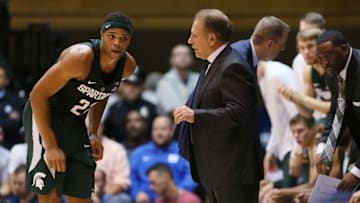 Nov 29, 2016; Durham, NC, USA; Michigan State Spartans head coach Tom Izzo talks to Michigan State Spartans guard Miles Bridges (22) in the first half of their game against the Duke Blue Devils at Cameron Indoor Stadium. Mandatory Credit: Mark Dolejs-USA TODAY Sports