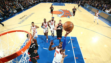 NEW YORK, NY FEBRUARY 9: Kadeem Allen #0 of the New York Knicks shoots the ball against the Toronto Raptors on February 9, 2019 at Madison Square Garden in New York City, New York. NOTE TO USER: User expressly acknowledges and agrees that, by downloading and or using this photograph, User is consenting to the terms and conditions of the Getty Images License Agreement. Mandatory Copyright Notice: Copyright 2019 NBAE (Photo by Nathaniel S. Butler/NBAE via Getty Images)