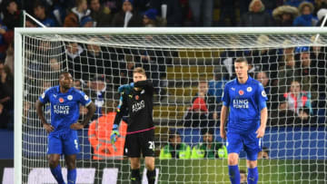 LEICESTER, ENGLAND - NOVEMBER 06: Wes Morgan (L) Ron-Robert Zieler (C) and Robert Huth of Leicester City look on after conceding their second goal during the Premier League match between Leicester City and West Bromwich Albion at The King Power Stadium on November 6, 2016 in Leicester, England. (Photo by Michael Regan/Getty Images)