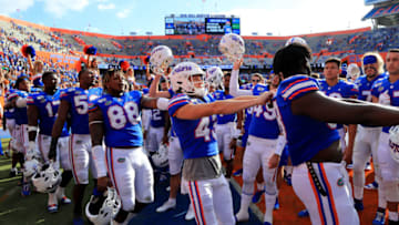 GAINESVILLE, FLORIDA - NOVEMBER 09: Florida Gators players celebrate following the 56-0 victory over the Vanderbilt Commodores at Ben Hill Griffin Stadium on November 09, 2019 in Gainesville, Florida. (Photo by Sam Greenwood/Getty Images)