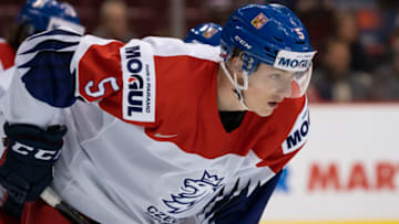 VANCOUVER, BC - DECEMBER 31: Matej Pekar #5 of the Czech Republic Group A hockey action of the 2019 IIHF World Junior Championship against Denmark on December, 31, 2018 at Rogers Arena in Vancouver, British Columbia, Canada. (Photo by Rich Lam/Getty Images)