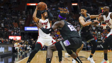 Miami Heat guard Gabe Vincent (2) protects the ball from Sacramento Kings center Neemias Queta (88)( Sam Navarro-USA TODAY Sports)