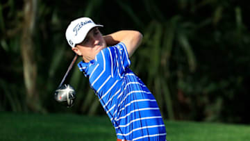 PONTE VEDRA BEACH, FLORIDA - MARCH 11: Justin Thomas of the United States plays a tee shot during a practice round prior to The PLAYERS Championship on The Stadium Course at TPC Sawgrass on March 11, 2020 in Ponte Vedra Beach, Florida. (Photo by Cliff Hawkins/Getty Images)