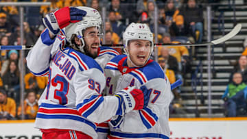 NASHVILLE, TN - DECEMBER 29: Jesper Fast #17 of the New York Rangers celebrates his goal with Mika Zibanejad #93 against the Nashville Predators at Bridgestone Arena on December 29, 2018 in Nashville, Tennessee. (Photo by John Russell/NHLI via Getty Images)