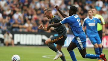 NOTTINGHAM, ENGLAND - JULY 21: James Maddison of Leicester City moves past Enzio Boldewijn durng the pre-season friendly match between Notts County and Leicester City at Meadow Lane on July 21, 2018 in Nottingham, England. (Photo by David Rogers/Getty Images)