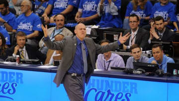 Apr 25, 2016; Oklahoma City, OK, USA; Dallas Mavericks head coach Rick Carlisle reacts to a call in action against the Oklahoma City Thunder during the second quarter in game five of the first round of the NBA Playoffs at Chesapeake Energy Arena. Mandatory Credit: Mark D. Smith-USA TODAY Sports