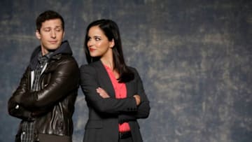 BROOKLYN NINE-NINE -- Promo -- Pictured: (l-r) Andy Samberg as Jake Peralta, Melissa Fumero as Amy Santiago -- (Photo by: Trae Patton/NBC/NBCU Photo Bank via Getty Images)