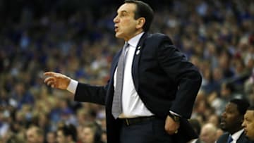 OMAHA, NE - MARCH 25: Head coach Mike Krzyzewski of the Duke Blue Devils reacts against the Kansas Jayhawks during the first half in the 2018 NCAA Men's Basketball Tournament Midwest Regional at CenturyLink Center on March 25, 2018 in Omaha, Nebraska. (Photo by Jamie Squire/Getty Images)