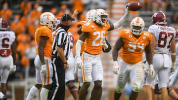 Tennessee defensive back Theo Jackson (26) reacts after a play in the second half during a game between Alabama and Tennessee at Neyland Stadium in Knoxville, Tenn. on Saturday, Oct. 24, 2020.102420 Ut Bama Gameaction