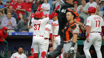 PHILADELPHIA, PA - MAY 07: Odubel Herrera #37 of the Philadelphia Phillies is congratulated by teammates after hitting a three-run home run in the first inning during a game against the San Francisco Giants at Citizens Bank Park on May 7, 2018 in Philadelphia, Pennsylvania. (Photo by Hunter Martin/Getty Images)