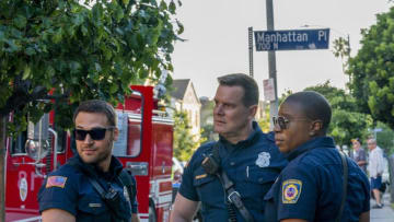 9-1-1: L-R: Ryan Guzman, Peter Krause and Aisha Hinds in the "Kids Today" season premiere episode of 9-1-1 airing Monday, Sep. 23 (8:00-9:00 PM ET/PT) on FOX. © 2019 FOX MEDIA LLC. CR: Jack Zeman / FOX.