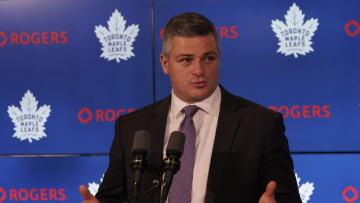 Feb 22, 2020; Toronto, Ontario, CAN; Toronto Maple Leafs head coach Sheldon Keefe during the post game press conference after a loss to the Carolina Hurricanes at Scotiabank Arena. Mandatory Credit: John E. Sokolowski-USA TODAY Sports