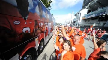 Dec 31, 2015; Miami Gardens, FL, USA; Clemson Tigers fans cheer as the team arrives prior to the 2015 CFP semifinal at the Orange Bowl against the Oklahoma Sooners at Sun Life Stadium. Mandatory Credit: Robert Duyos-USA TODAY Sports