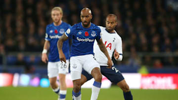 LIVERPOOL, ENGLAND - NOVEMBER 03: Fabian Delph of Everton is tackled by Lucas of Tottenham Hotspur during the Premier League match between Everton FC and Tottenham Hotspur at Goodison Park on November 03, 2019 in Liverpool, United Kingdom. (Photo by Jan Kruger/Getty Images)