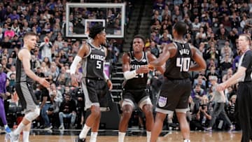 SACRAMENTO, CA - JANUARY 2: The Sacramento Kings huddle up during the game against the Memphis Grizzlies on January 2, 2020 at Golden 1 Center in Sacramento, California. NOTE TO USER: User expressly acknowledges and agrees that, by downloading and or using this Photograph, user is consenting to the terms and conditions of the Getty Images License Agreement. Mandatory Copyright Notice: Copyright 2020 NBAE (Photo by Rocky Widner/NBAE via Getty Images)