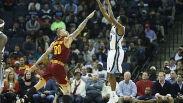 Dec 14, 2016; Memphis, TN, USA; Memphis Grizzlies guard Troy Daniels (30) shoots as Cleveland Cavaliers center Chris Andersen (00) defends in the second half at FedExForum. Memphis defeated Cleveland 93-85. Mandatory Credit: Nelson Chenault-USA TODAY Sports