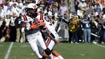 Sep 19, 2015; West Lafayette, IN, USA; Virginia Tech Hokies running back Trey Edmunds (14) runs after a handoff in the first half at Ross Ade Stadium. Mandatory Credit: Sandra Dukes-USA TODAY Sports