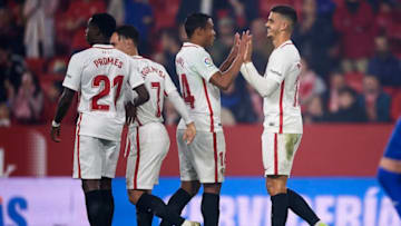 SEVILLE, SPAIN - DECEMBER 05: Andre Silva of Sevilla FC celebrates after scoring during the Copa del Rey match between Sevilla FC and Villanovense at Estadio Ramon Sanchez Pizjuan on December 05, 2018 in Seville, Spain. (Photo by Aitor Alcalde Colomer/Getty Images)