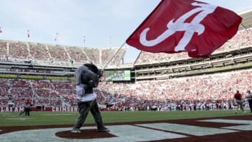 Sep 10, 2016; Tuscaloosa, AL, USA; Alabama Crimson Tide mascot Big AL waves a flag during the game against the Western Kentucky Hilltoppers Hilltoppers at Bryant-Denny Stadium. The Tide defeated the Hilltoppers 38-10. Mandatory Credit: Marvin Gentry-USA TODAY Sports
