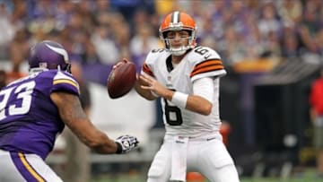 Sep 22, 2013; Minneapolis, MN, USA; Cleveland Browns quarterback Brian Hoyer (6) throws during the second quarter against the Minnesota Vikings at Mall of America Field at H.H.H. Metrodome. Mandatory Credit: Brace Hemmelgarn-USA TODAY Sports