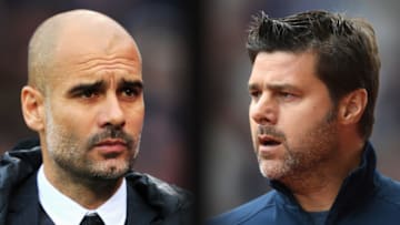 FILE PHOTO (EDITORS NOTE: GRADIENT ADDED - COMPOSITE OF TWO IMAGES - Image numbers (L) 624347276 and 629845764) In this composite image a comparision has been made between Josep Guardiola, Manager of Manchester City (L) and Mauricio Pochettino, Manager of Tottenham Hotspur. Manchester City meet Tottenham Hotspur on January 21, 2017 in a Premier League match at the Etihad Stadium. ***LEFT IMAGE*** LONDON, ENGLAND - NOVEMBER 19: Josep Guardiola, Manager of Manchester City looks on during the Premier League match between Crystal Palace and Manchester City at Selhurst Park on November 19, 2016 in London, England. (Photo by Stephen Pond/Getty Images) ***RIGHT IMAGE*** STOKE ON TRENT, ENGLAND - SEPTEMBER 10: Mauricio Pochettino, Manager of Tottenham Hotspur looks on during the Premier League match between Stoke City and Tottenham Hotspur at Britannia Stadium on September 10, 2016 in Stoke on Trent, England. (Photo by Laurence Griffiths/Getty Images)