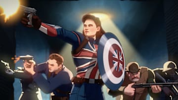 Captain Carter (center) and the Howling Commandos in Marvel Studios' WHAT IF...? exclusively on Disney+. © Marvel Studios 2021. All Rights Reserved.
