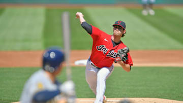 CLEVELAND, OHIO - SEPTEMBER 06: Starting pitcher Shane Bieber #57 of the Cleveland Indians pitches to Keston Hiura #18 of the Milwaukee Brewers during the first inning at Progressive Field on September 06, 2020 in Cleveland, Ohio. (Photo by Jason Miller/Getty Images)