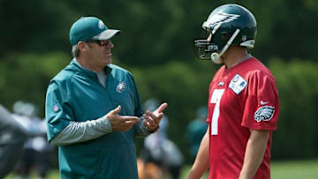May 24, 2016; Philadelphia, PA, USA; Philadelphia Eagles head coach Doug Pederson talks with quarterback Sam Bradford (7) during OTS