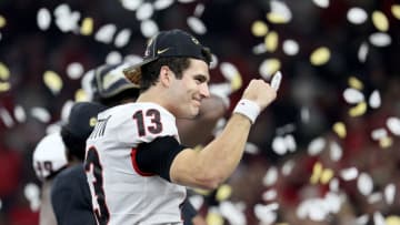 INDIANAPOLIS, INDIANA - JANUARY 10: Stetson Bennett #13 of the the Georgia Bulldogs against the Alabama Crimson Tide at Lucas Oil Stadium on January 10, 2022 in Indianapolis, Indiana. (Photo by Andy Lyons/Getty Images)