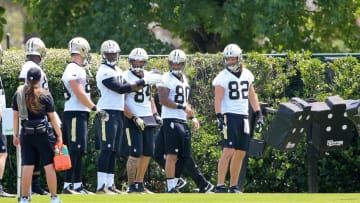Jun 16, 2016; New Orleans, LA, USA; New Orleans Saints tight end Coby Fleener (82) waits to start a drill with the tight ends during the final day of minicamp at the New Orleans Saints Training Facility. Mandatory Credit: Derick E. Hingle-USA TODAY Sports