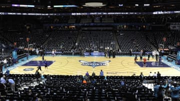 Oct 29, 2014; Charlotte, NC, USA; The basketball court for the Charlotte Hornets sports the new logo before the opening home game against the Milwaukee Bucks at Time Warner Cable Arena. Mandatory Credit: Sam Sharpe-USA TODAY Sports