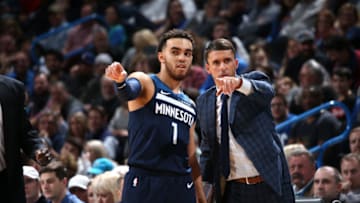 OKLAHOMA CITY, OK - JANUARY 8: Tyus Jones #1 and Ryan Saunders of the Minnesota Timberwolves. Copyright 2019 NBAE (Photo by Zach Beeker/NBAE via Getty Images)