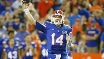Sep 3, 2016; Gainesville, FL, USA; Florida Gators quarterback Luke Del Rio (14) throws a pass during the second half of a football game against the Massachusetts Minutemen at Ben Hill Griffin Stadium. The Gators won 24-7. Mandatory Credit: Reinhold Matay-USA TODAY Sports