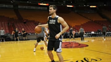 Jun 11, 2014; Miami, FL, USA; San Antonio Spurs center Tiago Splitter practices before game four of the 2014 NBA Finals against the Miami Heat at American Airlines Arena. Mandatory Credit: Steve Mitchell-USA TODAY Sports