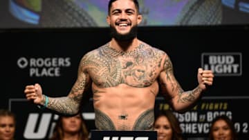 EDMONTON, AB - SEPTEMBER 08: Tyson Pedro of Australia poses on the scale during the UFC 215 weigh-in inside the Rogers Place on September 8, 2017 in Edmonton, Alberta, Canada. (Photo by Jeff Bottari/Zuffa LLC/Zuffa LLC via Getty Images)