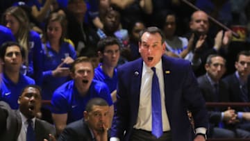 BLACKSBURG, VA - FEBRUARY 26: Duke Blue Devils head coach Mike Krzyzewski reacts during the game against the Virginia Tech Hokies at Cassell Coliseum on February 26, 2018 in Blacksburg, Virginia. (Photo by Lauren Rakes/Getty Images)