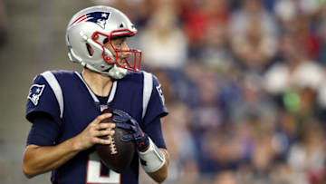 FOXBOROUGH, MA - AUGUST 9 : Brian Hoyer #2 of the New England Patriots looks for a pass during the preseason game between the New England Patriots and the Washington Redskins at Gillette Stadium on August 9, 2018 in Foxborough, Massachusetts. (Photo by Maddie Meyer/Getty Images)