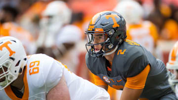 KNOXVILLE, TN - APRIL 22: Tennessee Volunteers quarterback Jarrett Guarantano (2) taking snaps before Tennessee's Orange and White spring game on April 22, 2017 at Neyland Stadium in Knoxville, TN. (Photo by Bryan Lynn/Icon Sportswire via Getty Images)