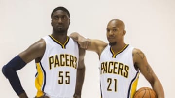 Sep 29, 2014; Indianapolis, IN, USA; Indiana Pacers center Roy Hibbert (55) and forward David West (21) during media day at Bankers Life Fieldhouse. Mandatory Credit: Trevor Ruszkowski-USA TODAY Sports