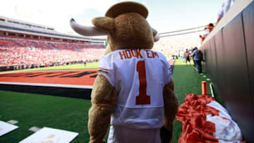 STILLWATER, OK - OCTOBER 1 : The Texas Longhorns mascot Hook 'Em watches the game against the Oklahoma State Cowboys October 1, 2016 at Boone Pickens Stadium in Stillwater, Oklahoma. The Cowboys defeated the Longhorns 49-31. (Photo by Brett Deering/Getty Images)