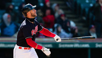 CLEVELAND, OH - APRIL 8: Yan Gomes CLEVELAND, OH - APRIL 8: Yan Gomes #7 of the Cleveland Indians hits a two run walk-off home run to defeate the Kansas City Royals at Progressive Field on April 8, 2018 in Cleveland, Ohio. The Indians defeated the Royals 3-1. (Photo by Jason Miller/Getty Images)